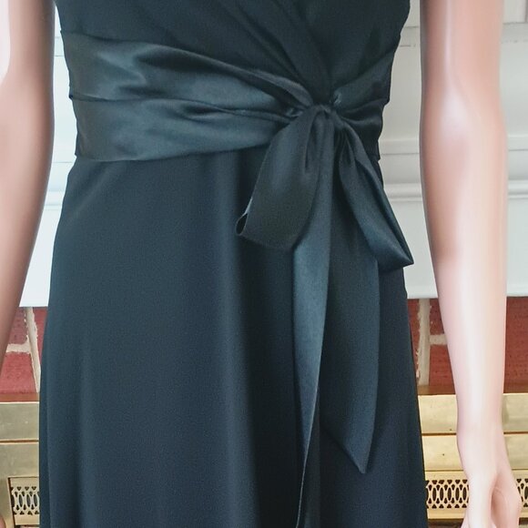 Rena Rowan Midi Cocktail Dress 10 Faux Wrap Black Sheer Chiffon Satin Bow - Picture 4 of 14